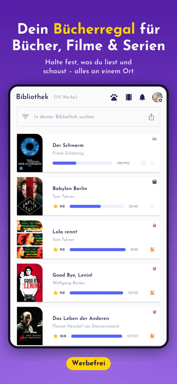 Dein Bücherregal für Bücher, Filme & Serien. Halte fest, was du liest und schaust – alles an einem Ort