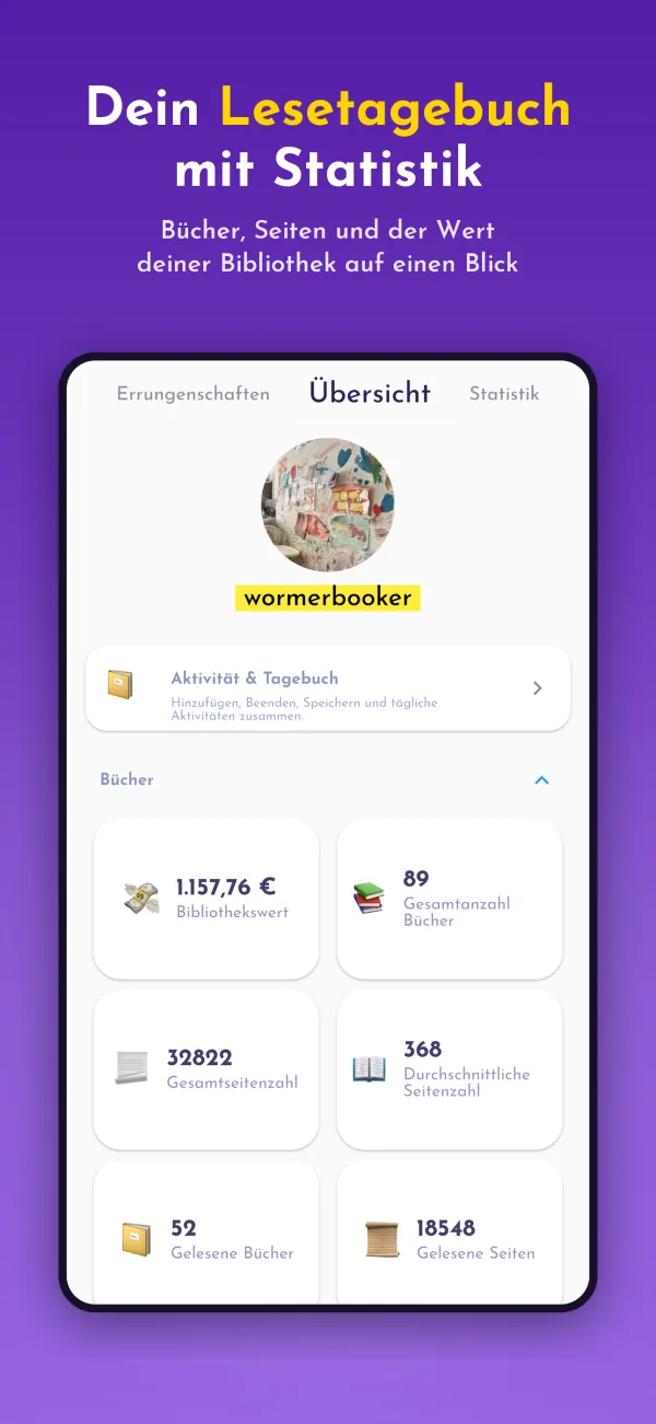Dein Lesetagebuch mit Statistik. Bücher, Seiten und der Wert deiner Bibliothek auf einen Blick
