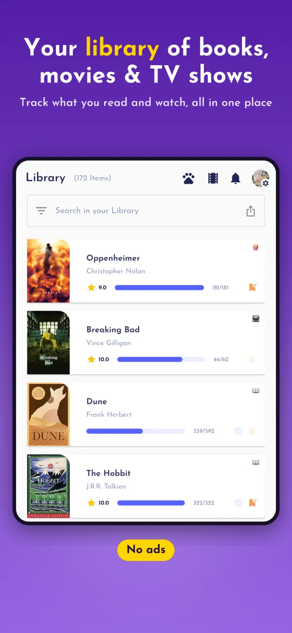 Your library of books, movies & TV shows. Track what you read and watch, all in one place