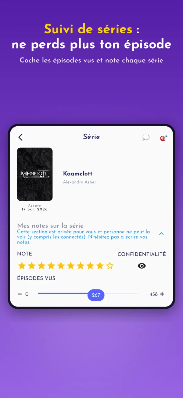 Suivi de séries : ne perds plus ton épisode. Coche les épisodes vus et note chaque série