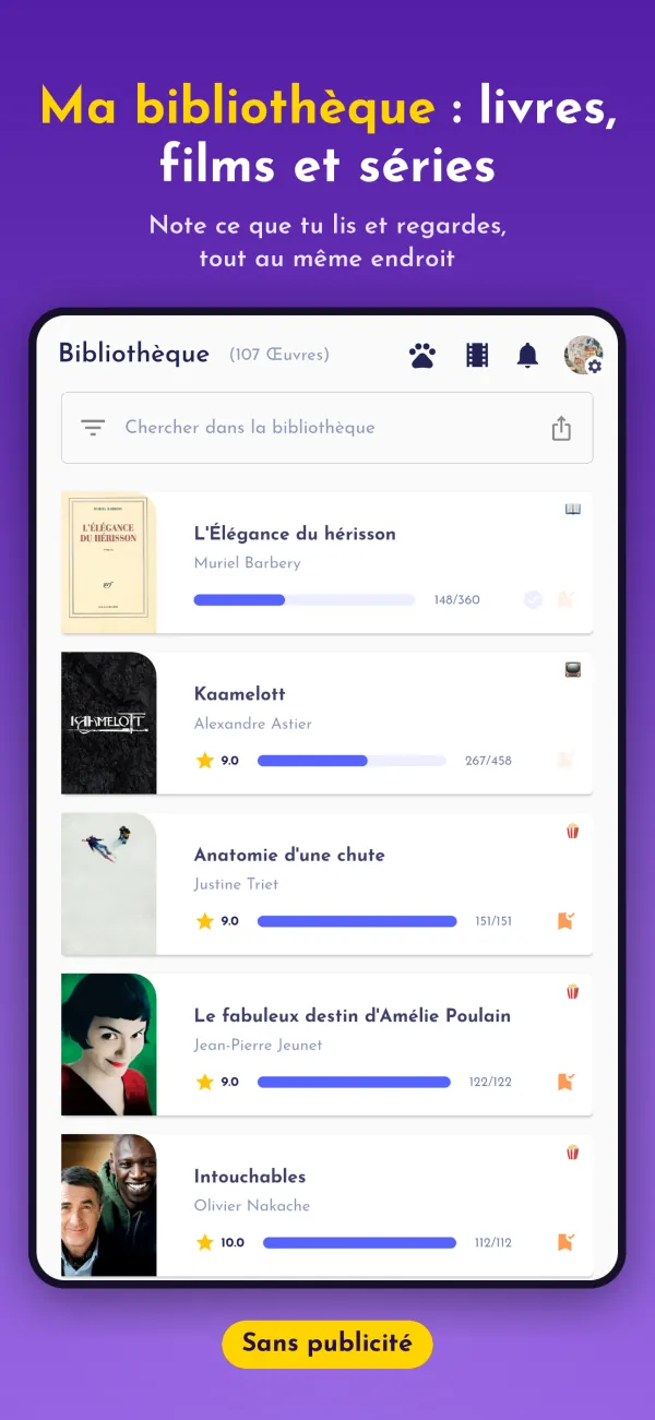 Ma bibliothèque : livres, films et séries. Note ce que tu lis et regardes, tout au même endroit
