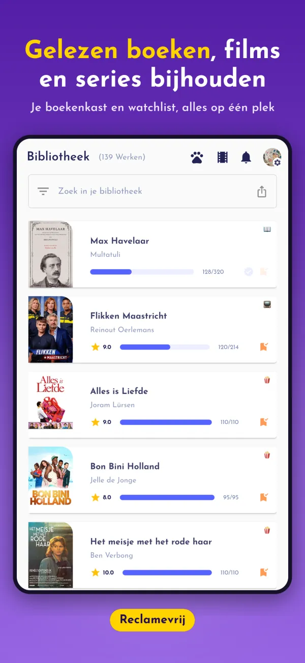 Gelezen boeken, films en series bijhouden. Je boekenkast en watchlist, alles op één plek