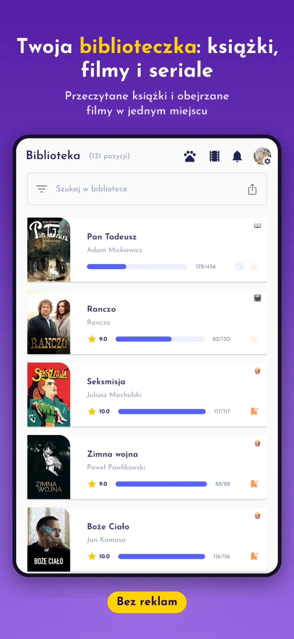 Twoja biblioteczka: książki, filmy i seriale. Przeczytane książki i obejrzane filmy w jednym miejscu