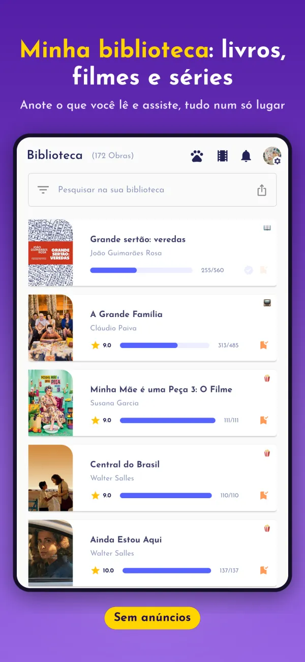 Minha biblioteca: livros, filmes e séries. Anote o que você lê e assiste, tudo num só lugar