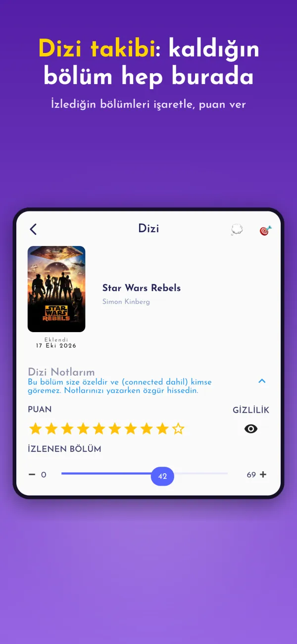 Dizi takibi: kaldığın bölüm hep burada. İzlediğin bölümleri işaretle, puan ver